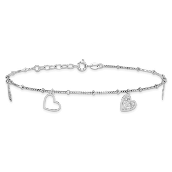 Sterling Silver Rhodium-plated Cut-out Hearts 9 inch Plus 1 inch Extender - Total 10 inch Anklet