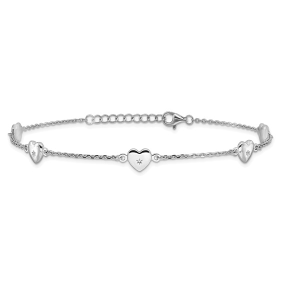 Sterling Silver Rhodium-plated Hearts 9 inch Plus 1 inch Extender - Total 10 inch Anklet