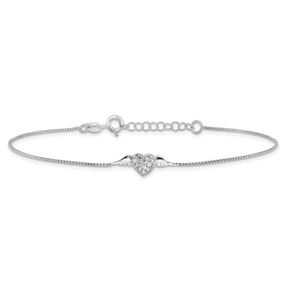 Sterling Silver Rhodium-plated CZ Heart with Wings 9 inch Plus 1 inch Extender - Total 10 inch Anklet