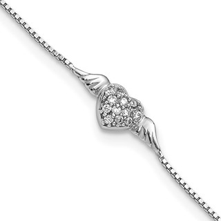 Sterling Silver Rhodium-plated CZ Heart with Wings 9 inch Plus 1 inch Extender - Total 10 inch Anklet