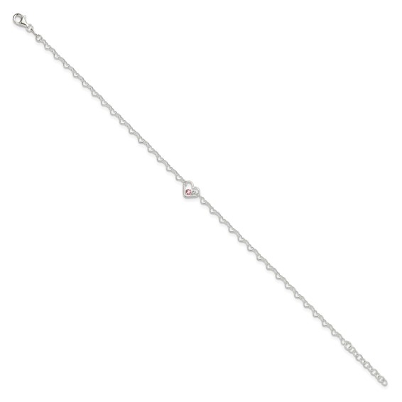 Sterling Silver CZ Heart Link 9 inch Plus 1 inch Extender - Total 10 inch Anklet
