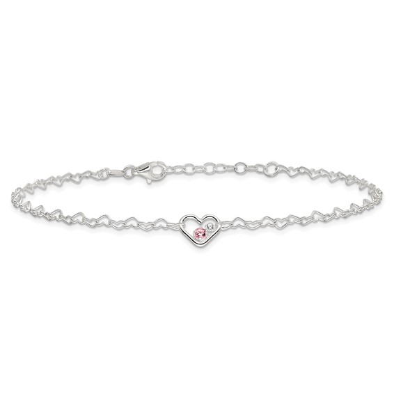 Sterling Silver CZ Heart Link 9 inch Plus 1 inch Extender - Total 10 inch Anklet