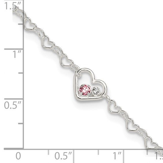 Sterling Silver CZ Heart Link 9 inch Plus 1 inch Extender - Total 10 inch Anklet