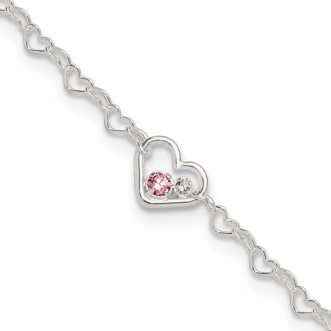 Sterling Silver Polished CZ Heart Link 9in Plus 1in ext. Anklet (QG6292-9)
