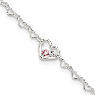 Sterling Silver CZ Heart Link 9 inch Plus 1 inch Extender - Total 10 inch Anklet