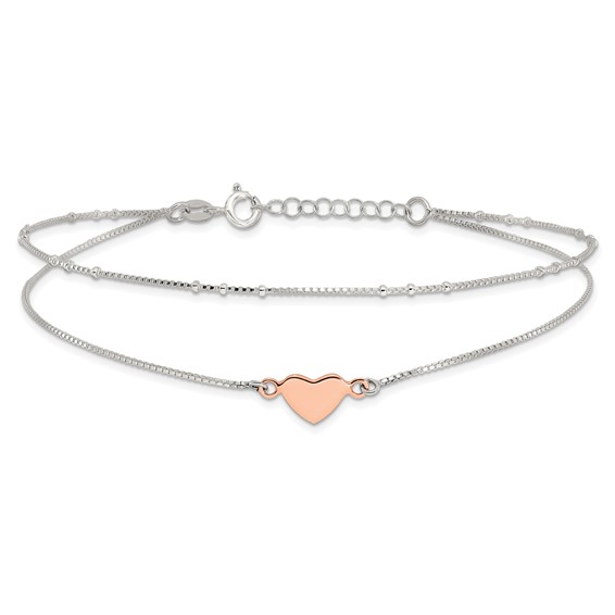 Sterling Silver Rose-tone Heart 2-Strand 9 inch Plus 1 inch Extender - Total 10 inch Anklet