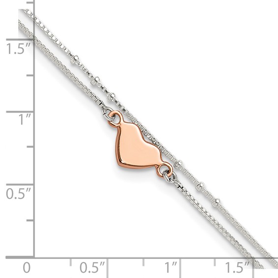 Sterling Silver Rose-tone Heart 2-Strand 9 inch Plus 1 inch Extender - Total 10 inch Anklet