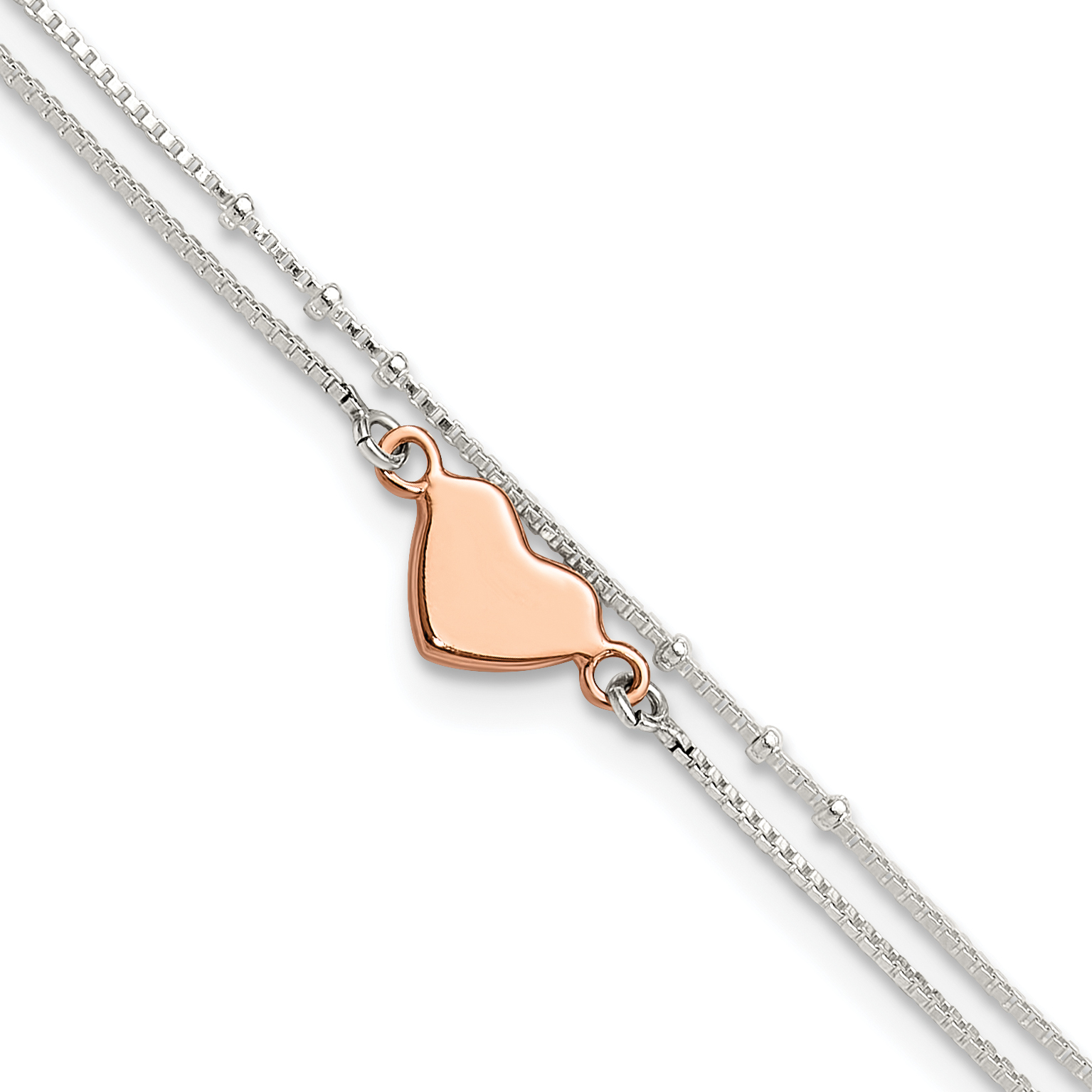 Sterling Silver Rose Tone 2-Strand Heart 9in Plus 1in ext. Anklet (QG6293-9)