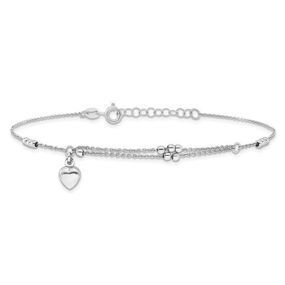 Sterling Silver Rhodium-plated Beads/Heart Dangle 9 inch Plus 1 inch Extender - Total 10 inch Anklet