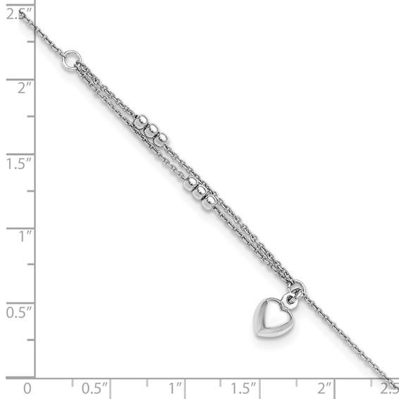 Sterling Silver Rhodium-plated Beads/Heart Dangle 9 inch Plus 1 inch Extender - Total 10 inch Anklet