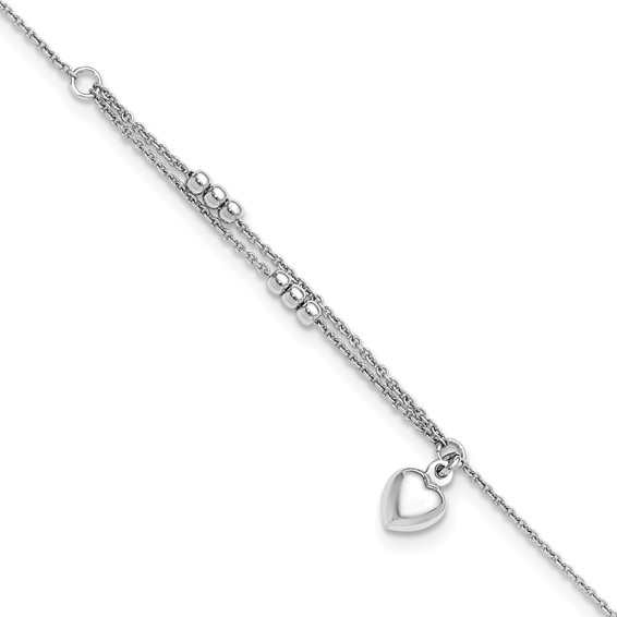 Sterling Silver Rhodium-plated Beads/Heart Dangle 9 inch Plus 1 inch Extender - Total 10 inch Anklet