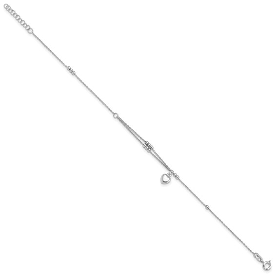 Sterling Silver Rhodium-plated Beads/Heart Dangle 9 inch Plus 1 inch Extender - Total 10 inch Anklet