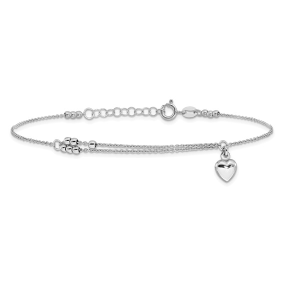 Sterling Silver Rhodium-plated Beads/Heart Dangle 9 inch Plus 1 inch Extender - Total 10 inch Anklet