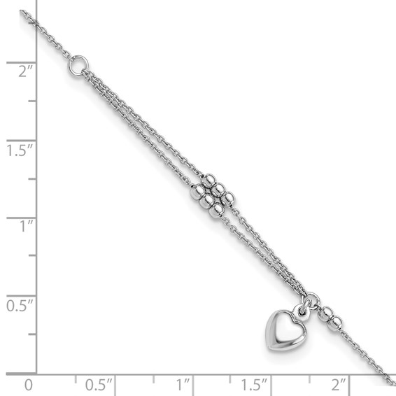 Sterling Silver Rhodium-plated Beads/Heart Dangle 9 inch Plus 1 inch Extender - Total 10 inch Anklet