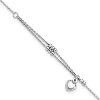 Sterling Silver Rhodium-plated Beads/Heart Dangle 9 inch Plus 1 inch Extender - Total 10 inch Anklet