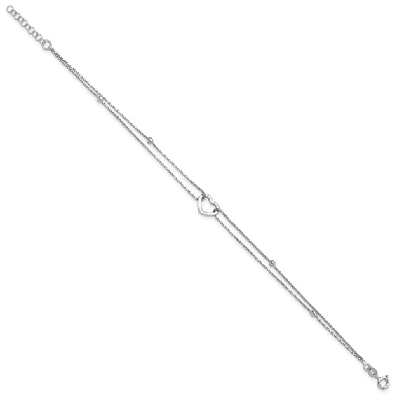Sterling Silver Rhodium-plated Heart/Bead 2-Strand 9 inch Plus 1 inch Extender - Total 10 inch Anklet