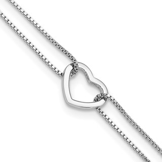 Sterling Silver Rhodium-plated Heart/Bead 2-Strand 9 inch Plus 1 inch Extender - Total 10 inch Anklet