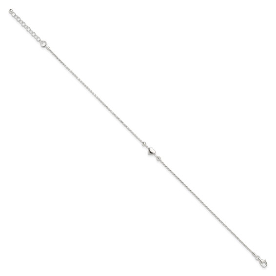 Sterling Silver Heart/Beads 9 inch Plus 1 inch Extender - Total 10 inch Anklet