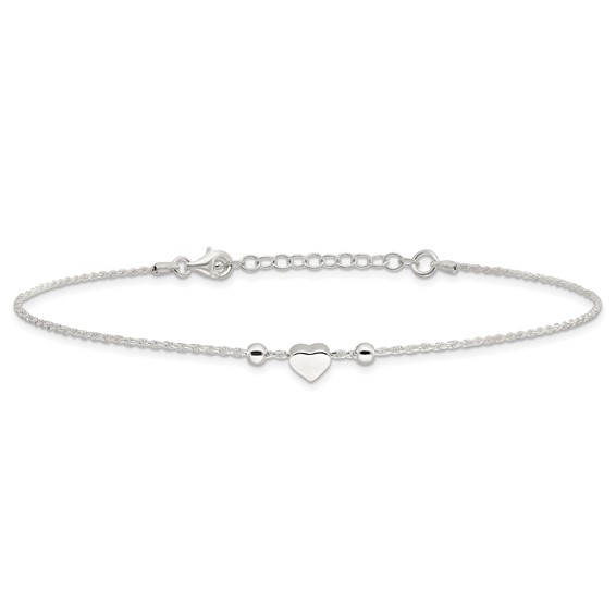 Sterling Silver Heart/Beads 9 inch Plus 1 inch Extender - Total 10 inch Anklet