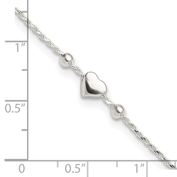 Sterling Silver Heart/Beads 9 inch Plus 1 inch Extender - Total 10 inch Anklet
