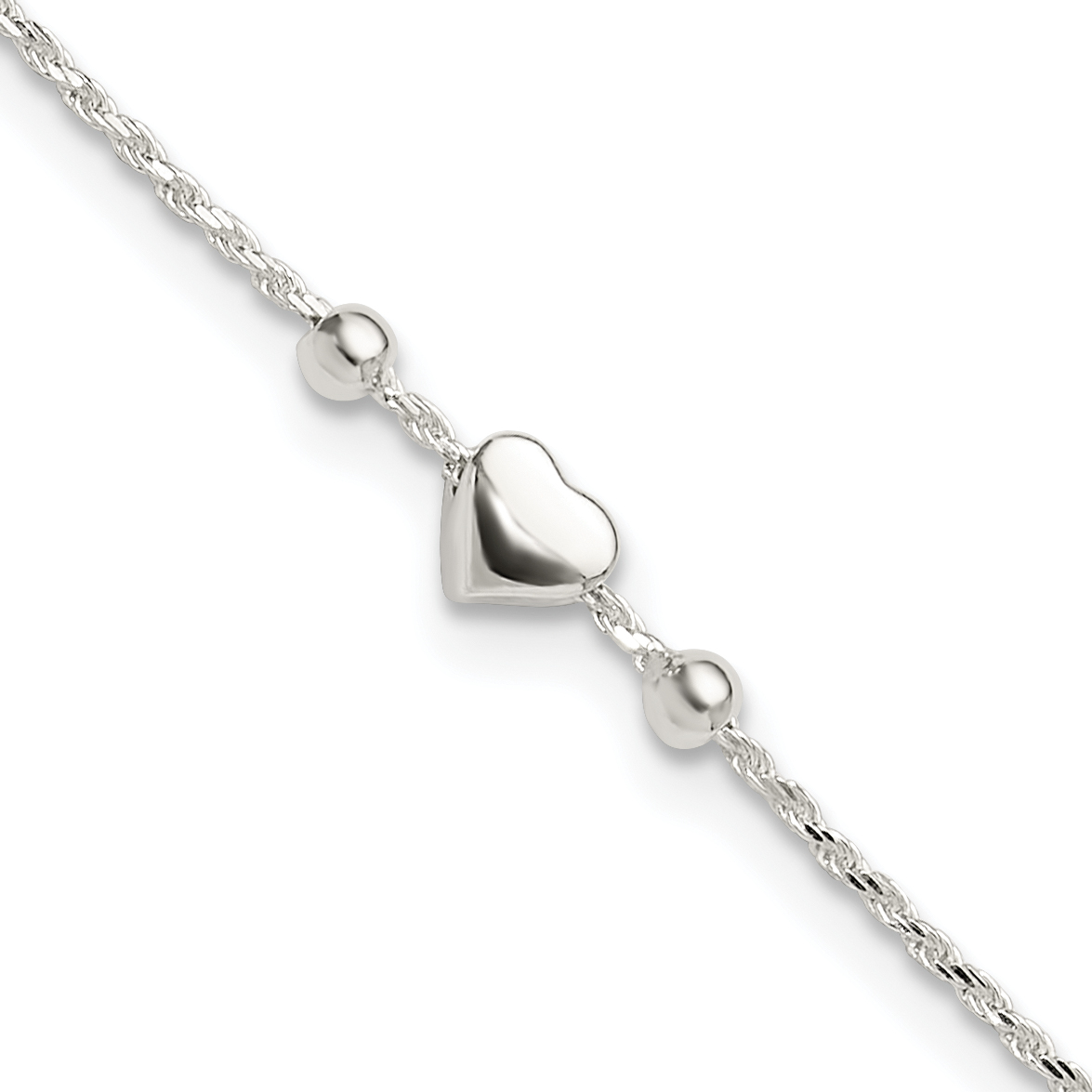 Sterling Silver Polished Heart 9in Plus 1in ext. Anklet (QG6298-9)
