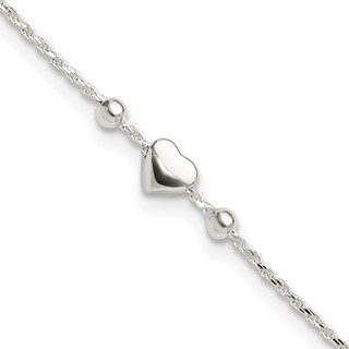 Sterling Silver Heart/Beads 9 inch Plus 1 inch Extender - Total 10 inch Anklet