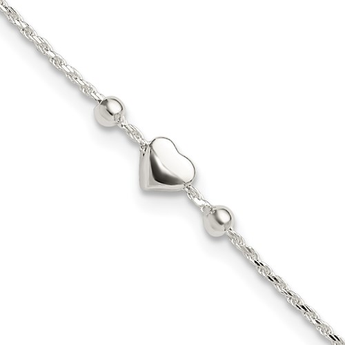 Sterling Silver Heart/Beads 9 inch Plus 1 inch Extender - Total 10 inch Anklet