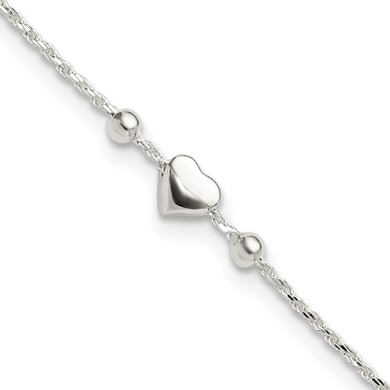 Sterling Silver Heart/Beads 9 inch Plus 1 inch Extender - Total 10 inch Anklet