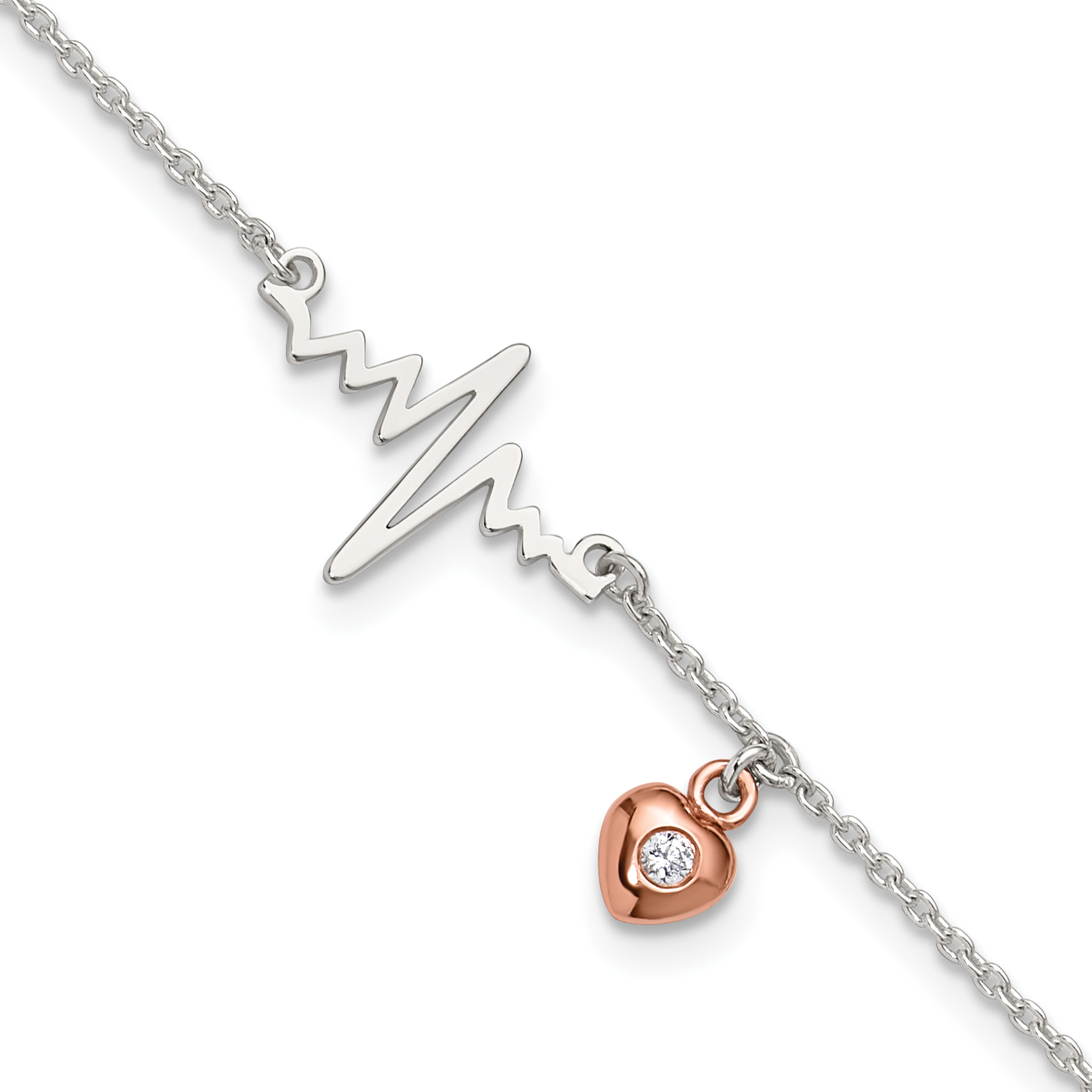 Sterling Silver Rose Tone CZ Heart and Heartbeat 9in Plus 1in ext. Anklet (QG6299-9)