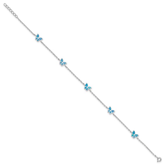Sterling Silver Rhodium-plated Blue Created Opal Butterflies 9 inch Plus 0.5 inch Extender -Total 9.5 inch Anklet