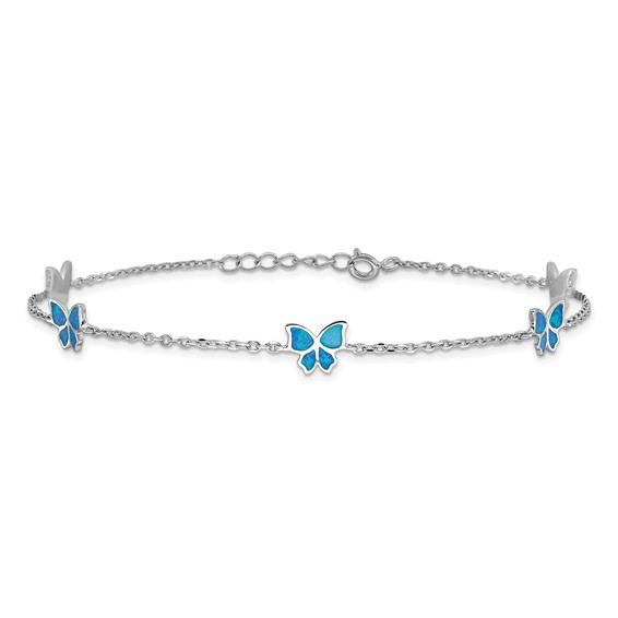 Sterling Silver Rhodium-plated Blue Created Opal Butterflies 9 inch Plus 0.5 inch Extender -Total 9.5 inch Anklet