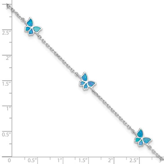 Sterling Silver Rhodium-plated Blue Created Opal Butterflies 9 inch Plus 0.5 inch Extender -Total 9.5 inch Anklet