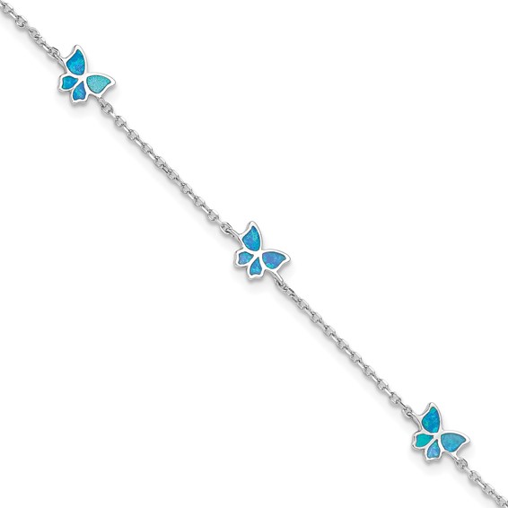 Sterling Silver Rhodium-plated Blue Created Opal Butterflies 9 inch Plus 0.5 inch Extender -Total 9.5 inch Anklet