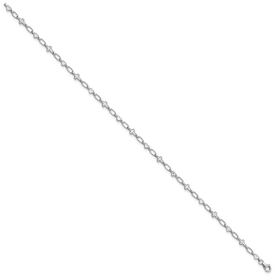 Sterling Silver Rhodium-plated 10 inch Heart and Cross Anklet