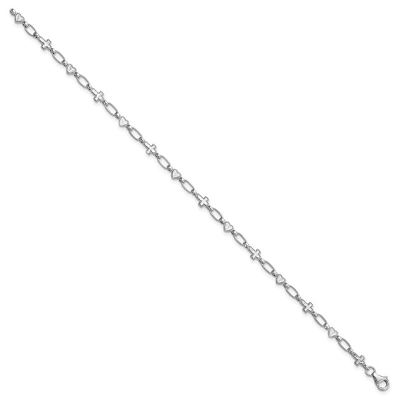 Sterling Silver Rhodium-plated 7.5 inch Heart and Cross Bracelet