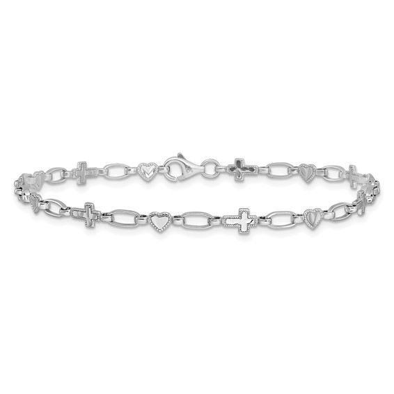 Sterling Silver Rhodium-plated 7.5 inch Heart and Cross Bracelet