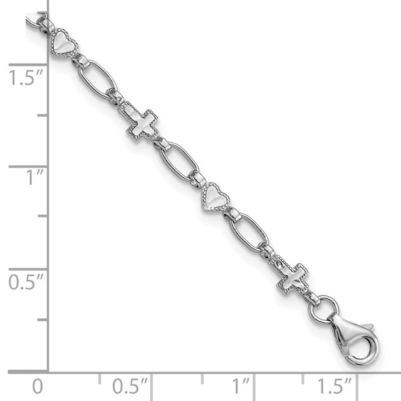 Sterling Silver Rhodium-plated 7.5 inch Heart and Cross Bracelet