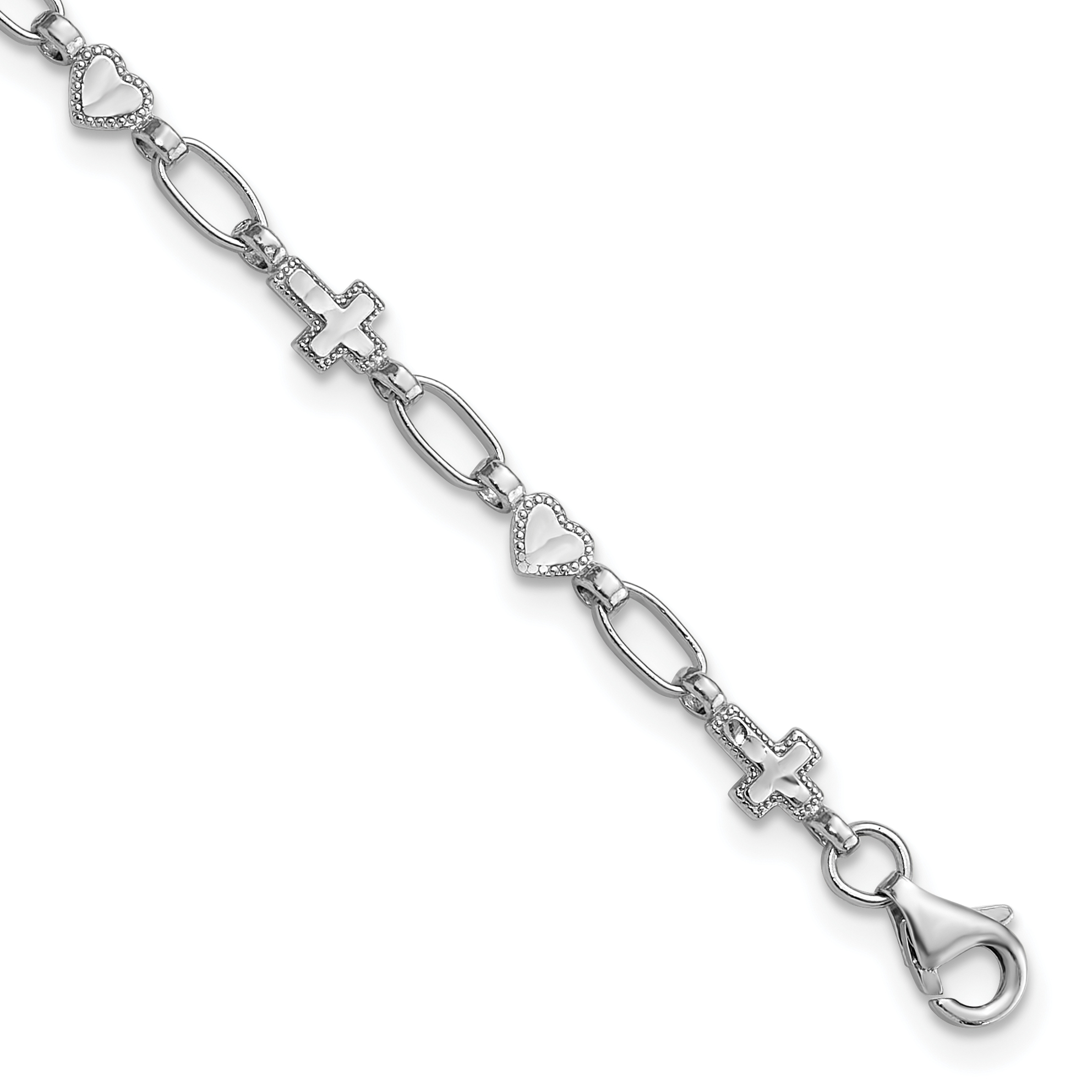 Sterling Silver Rhodium-plated 7.5 inch Heart and Cross Bracelet (QG6307-7.5)
