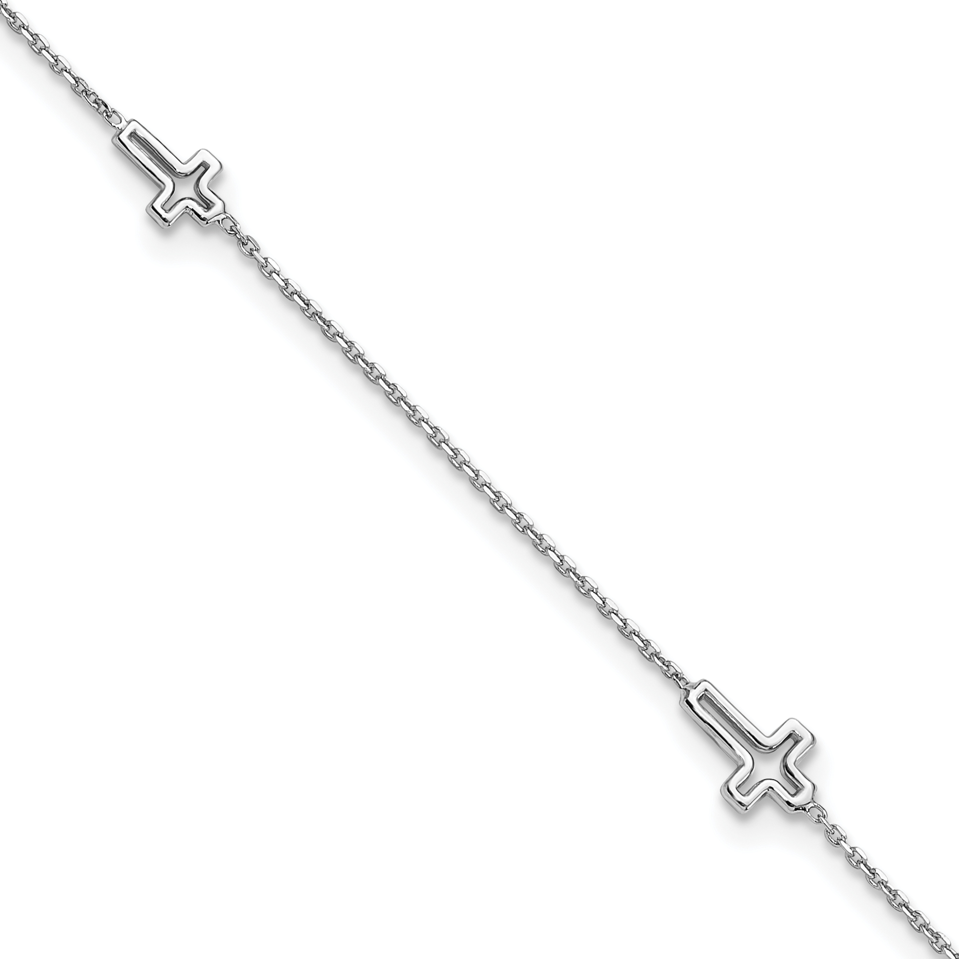 Sterling Silver Rhodium-plated Open Cross 9in Plus 1in Ext. Anklet (QG6310-9)