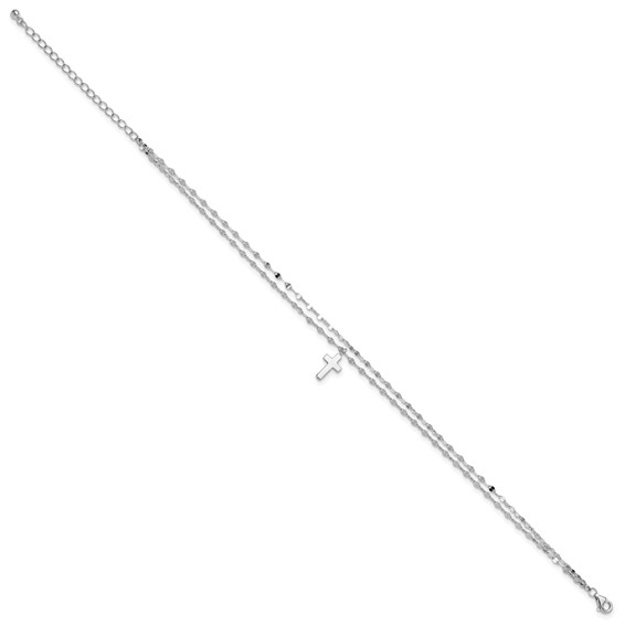 Sterling Silver Rhodium-plated 2-Strand Cross Charm 8.75 inch Plus 2 inch Extender - Total 10.75 inch Anklet
