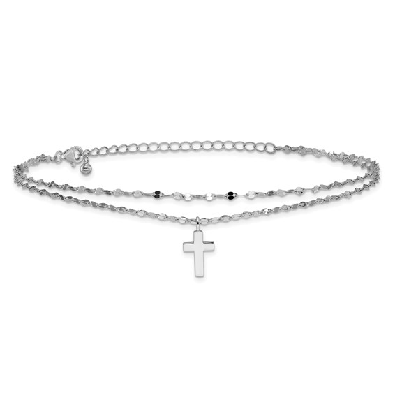 Sterling Silver Rhodium-plated 2-Strand Cross Charm 8.75 inch Plus 2 inch Extender - Total 10.75 inch Anklet