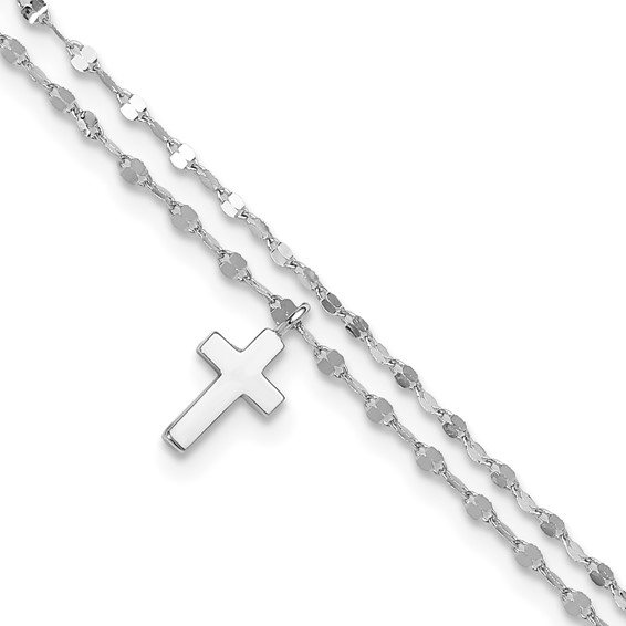 Sterling Silver Rhodium-plated 2-Strand Cross Charm 8.75 inch Plus 2 inch Extender - Total 10.75 inch Anklet