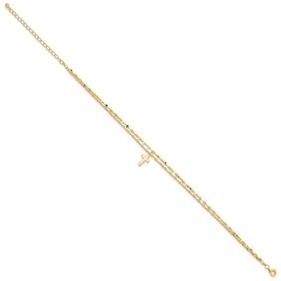 Sterling Silver Gold-tone 2-Strand Cross Charm 8.75 inch Plus 2 inch Extender - Total 10.75 inch Anklet