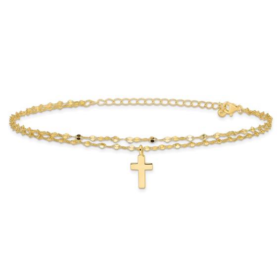 Sterling Silver Gold-tone 2-Strand Cross Charm 8.75 inch Plus 2 inch Extender - Total 10.75 inch Anklet