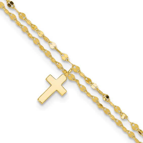 Sterling Silver Gold-tone 2-Strand Cross Charm 8.75 inch Plus 2 inch Extender - Total 10.75 inch Anklet