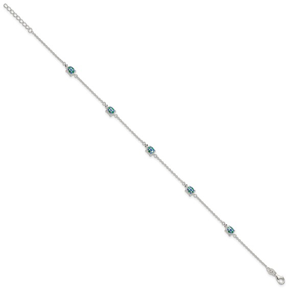 Sterling Silver Enamel Turtle 5-Station 10 inch Plus 1 inch Extender - Total 11 inch Anklet