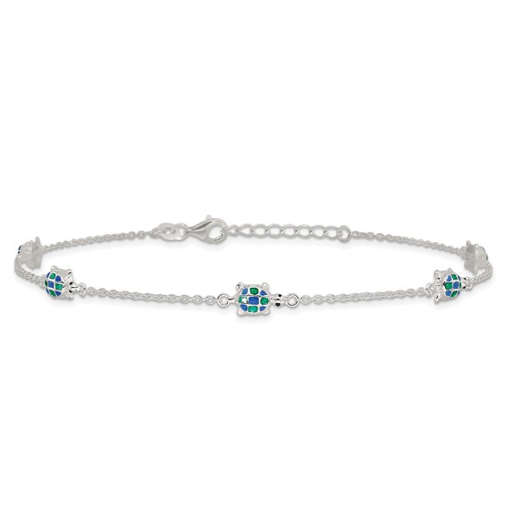 Sterling Silver Enamel Turtle 5-Station 10 inch Plus 1 inch Extender - Total 11 inch Anklet