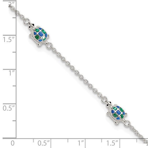 Sterling Silver Enamel Turtle 5-Station 10 inch Plus 1 inch Extender - Total 11 inch Anklet