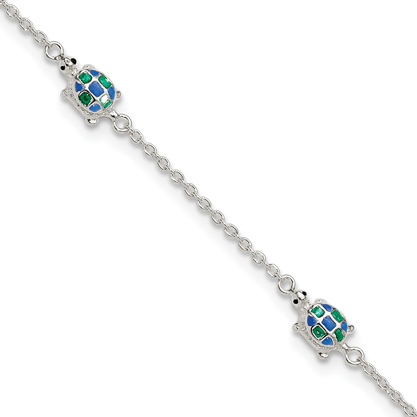 Sterling Silver Polished Enamel Turtle 10in Plus 1in ext Anklet (QG6313-10)
