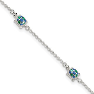 Sterling Silver Enamel Turtle 5-Station 10 inch Plus 1 inch Extender - Total 11 inch Anklet